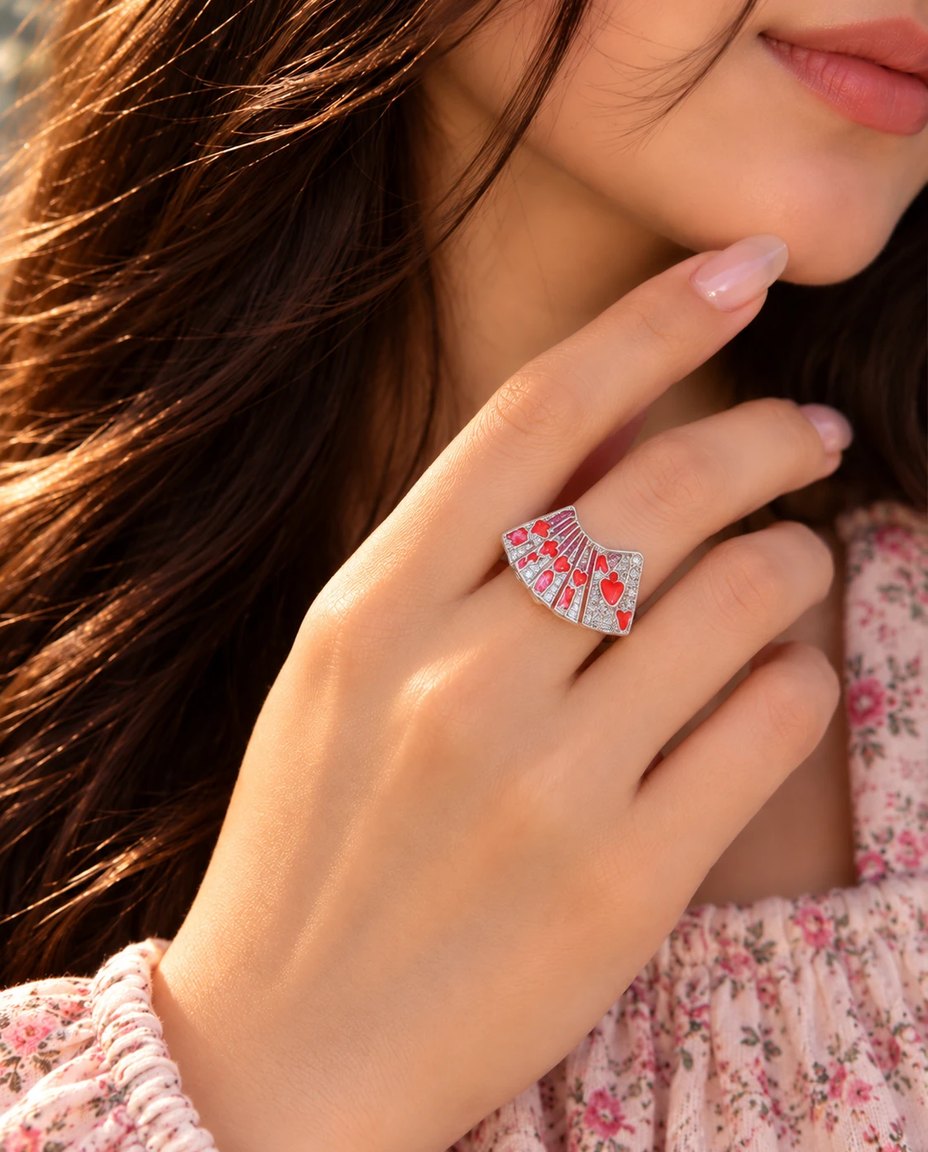 Red Heart Enamel Fan Ring